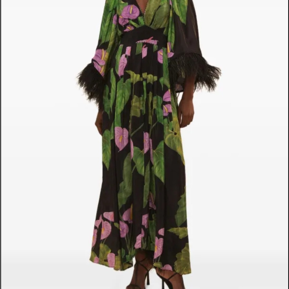 Farm Rio Feather Trimmed Floral Print Dress